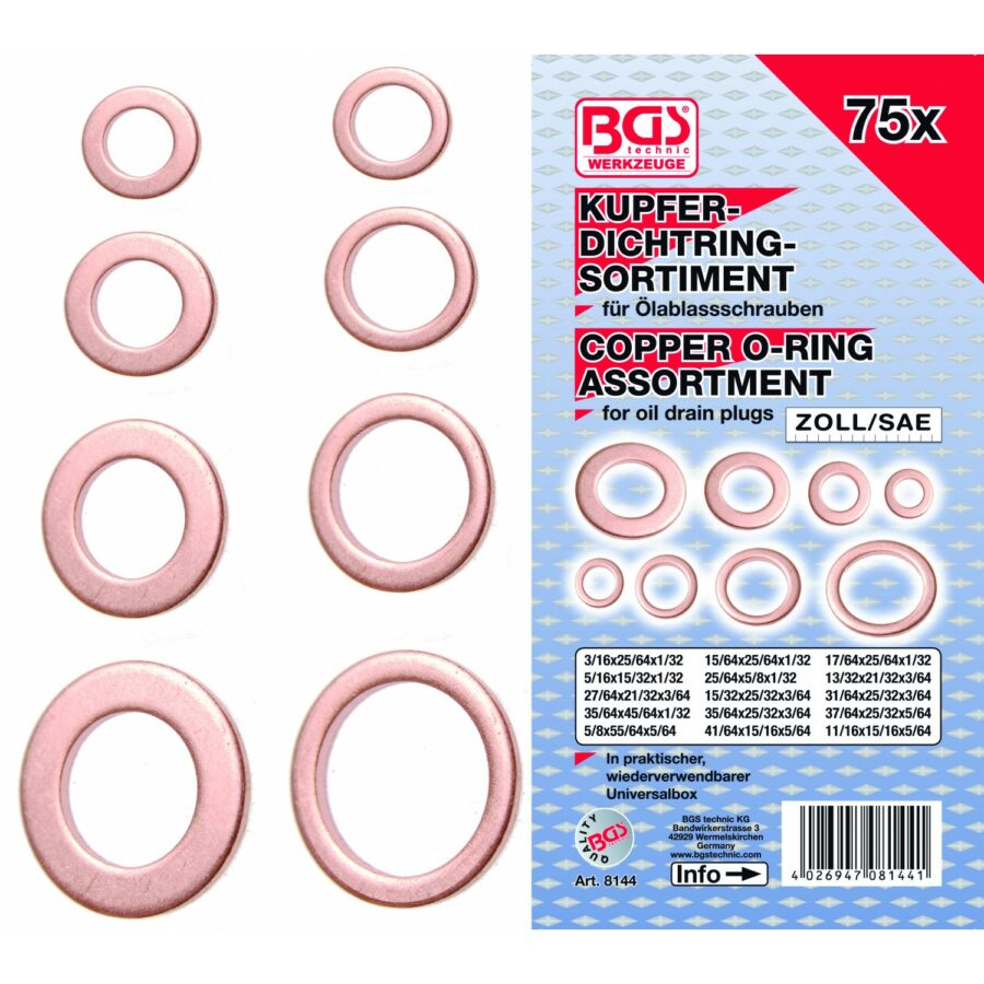 Seal Ring Assortment | copper | Inch sizes | for Oil Drain Plugs | 75 pcs. (8144) - 8144 salidzini kurpirkt cenas