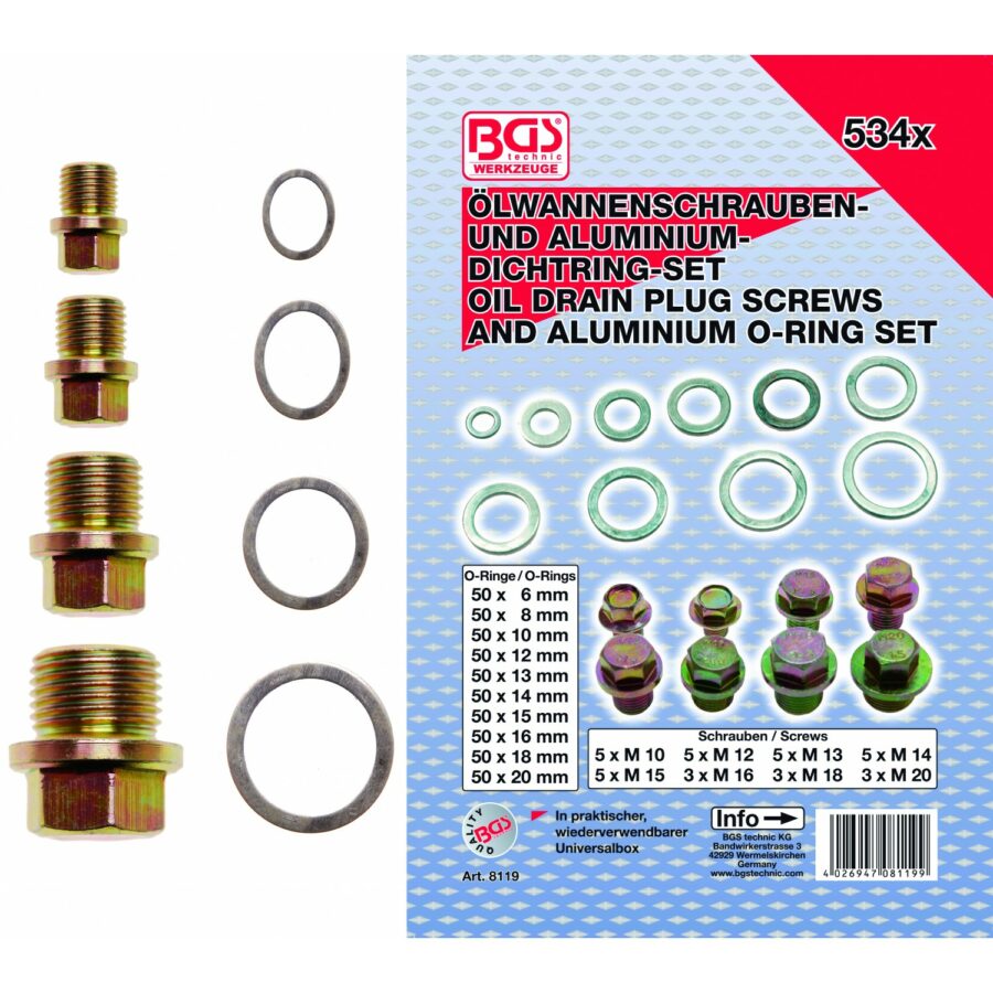 534-pcs. Oil Drain Plug Screws and Aluminum O-Ring Assortment (8119) - 8119 salidzini kurpirkt cenas