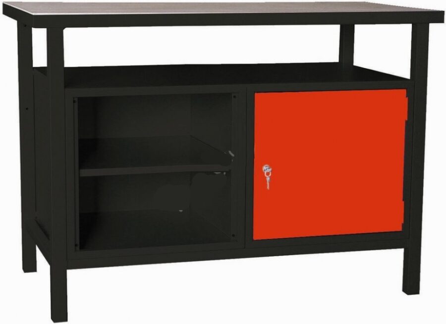 Darba galds P1200T ar slēdzamu skapīti un plauktiem - Melns ar sarkanu - SIA ZEMGALI - Noliktavai un Industrijai>Darbnīcas darba galdi