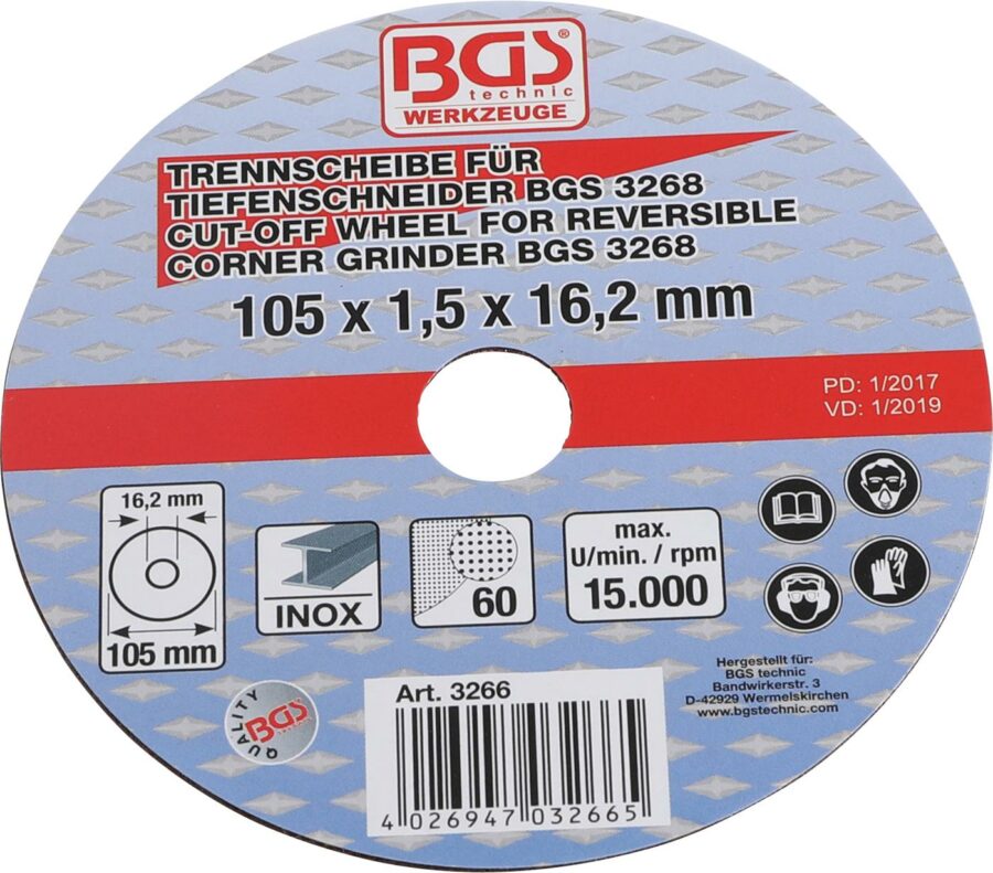 Cutting Disc for BGS Reversible Corner Grinder | Ø 105 x 1.5 x 16.2 mm (3266) - 3266 salidzini kurpirkt cenas