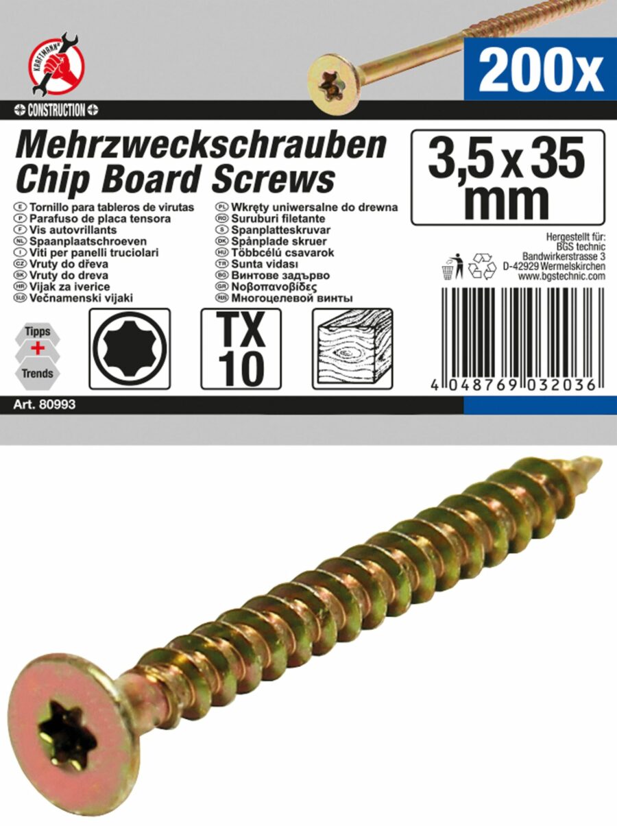 Multi-Purpose Screws | T-Star (for Torx) T10 | 3.5 x 35 mm | 200 pcs. (80993) - 80993 salidzini kurpirkt cenas