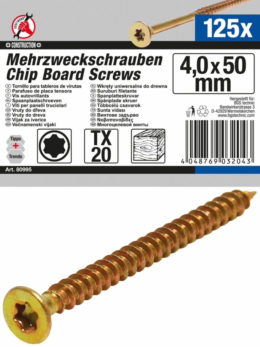 Multi-Purpose Screws | T-Star (for Torx) T20 | 4.0 x 50 mm | 125 pcs. (80995) - 80995 salidzini kurpirkt cenas