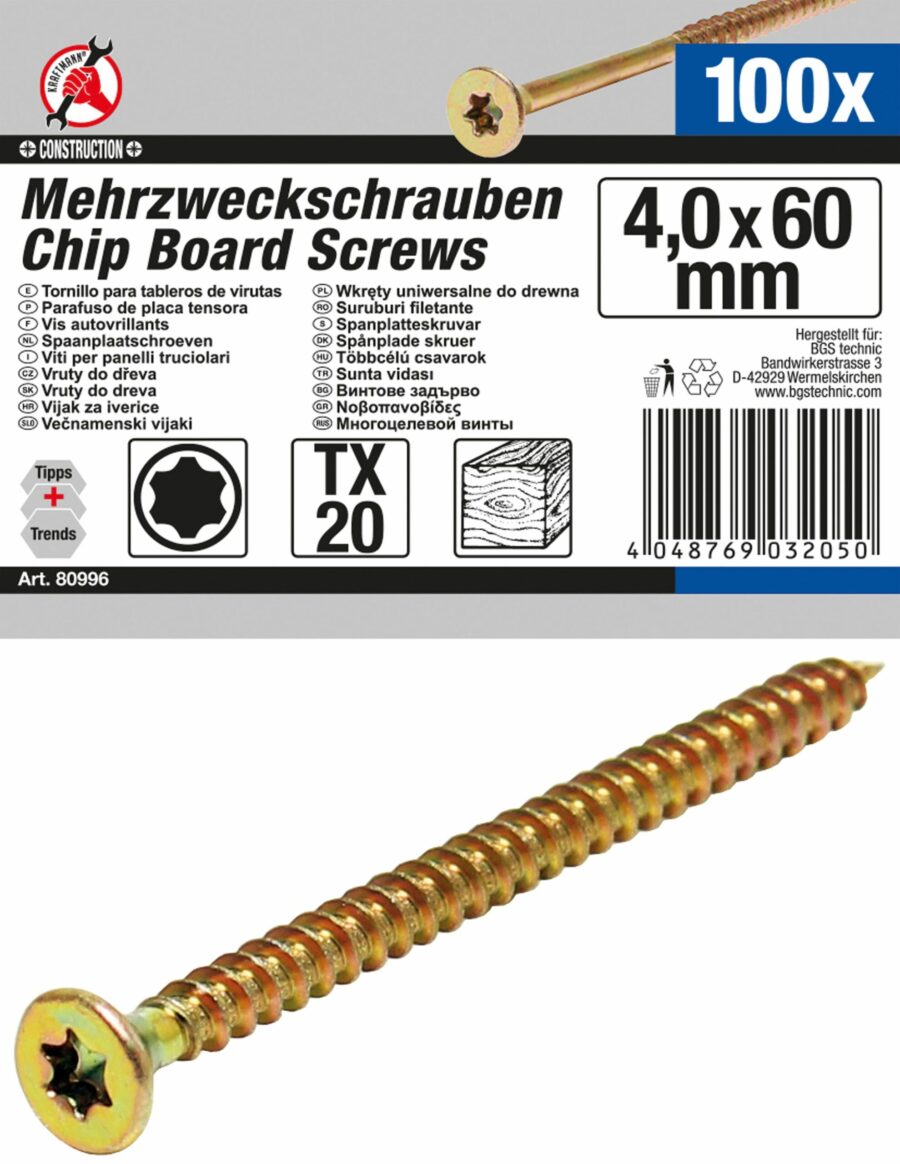 Multi-Purpose Screws | T-Star (for Torx) T20 | 4.0 x 60 mm | 100 pcs. (80996) - 80996 salidzini kurpirkt cenas