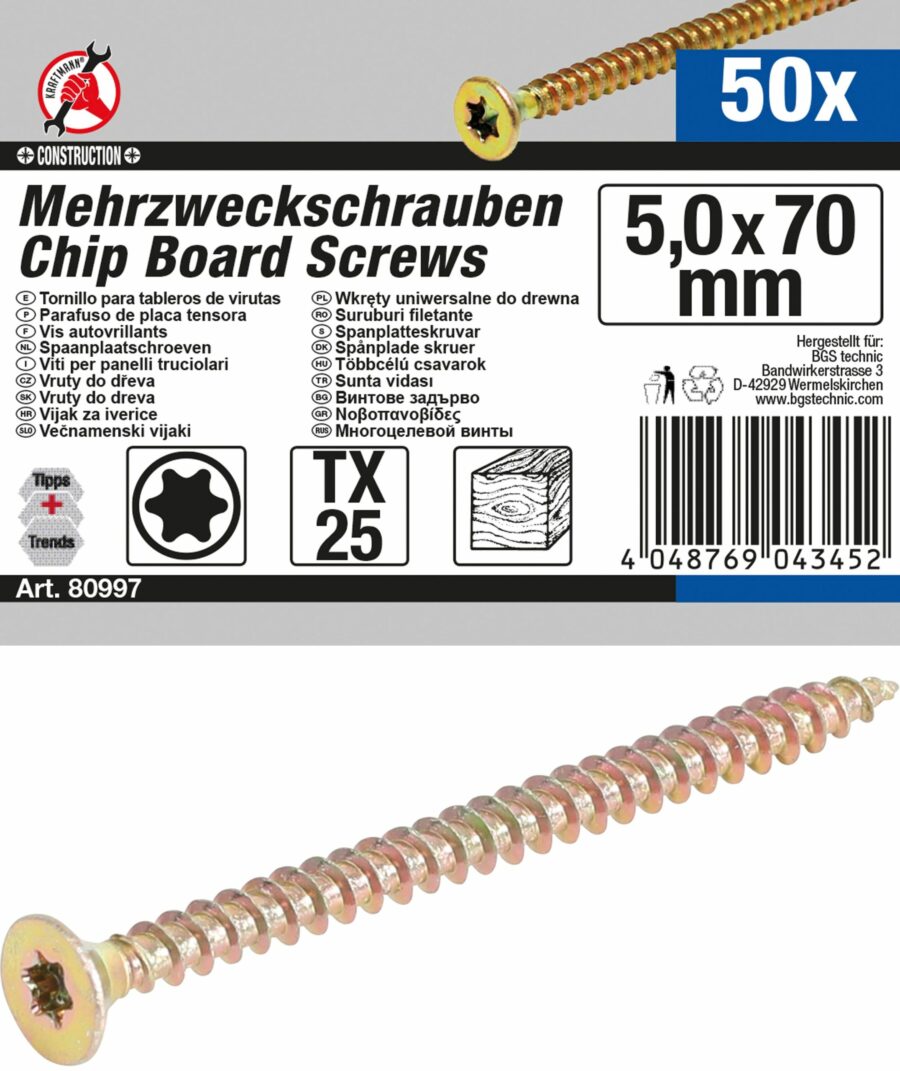 Multi-Purpose Screws | T-Star (for Torx) T25 | 5.0 x 70 mm | 50 pcs. (80997) - 80997 salidzini kurpirkt cenas