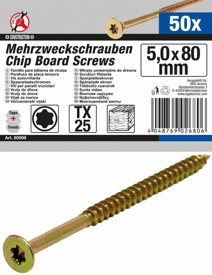 Multi-Purpose Screws | T-Star (for Torx) T25 | 5.0 x 80 mm | 50 pcs. (80998) - 80998 salidzini kurpirkt cenas