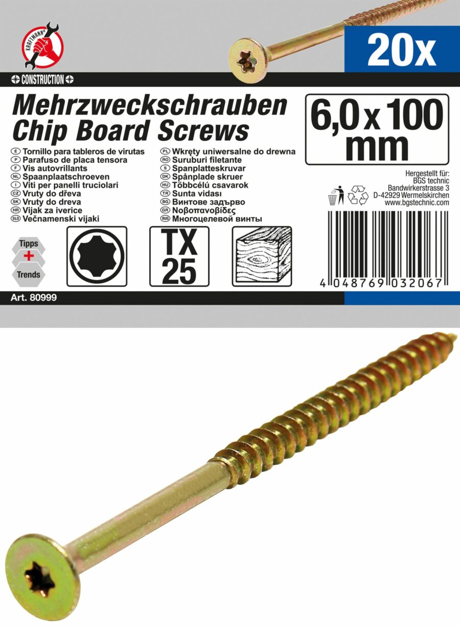 Multi-Purpose Screws | T-Star (for Torx) T25 | 6.0 x 100 mm | 20 pcs. (80999) - 80999 salidzini kurpirkt cenas