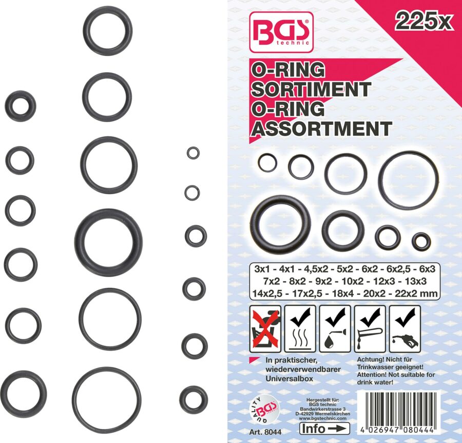 O-Ring Assortment | Acrylic (NBR) | Ø 3 - 22 mm | 225 pcs. (8044) - 8044 salidzini kurpirkt cenas