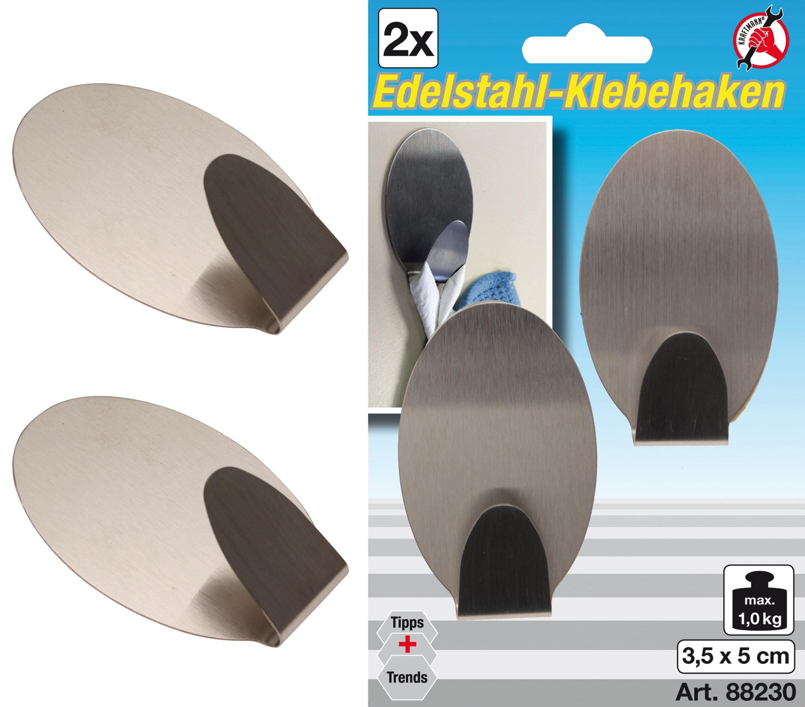 Stainless Steel Adhesive Hooks | 35 x 50 mm | 1.0 kg | 2 pcs. (88230) - 88230 salidzini kurpirkt cenas