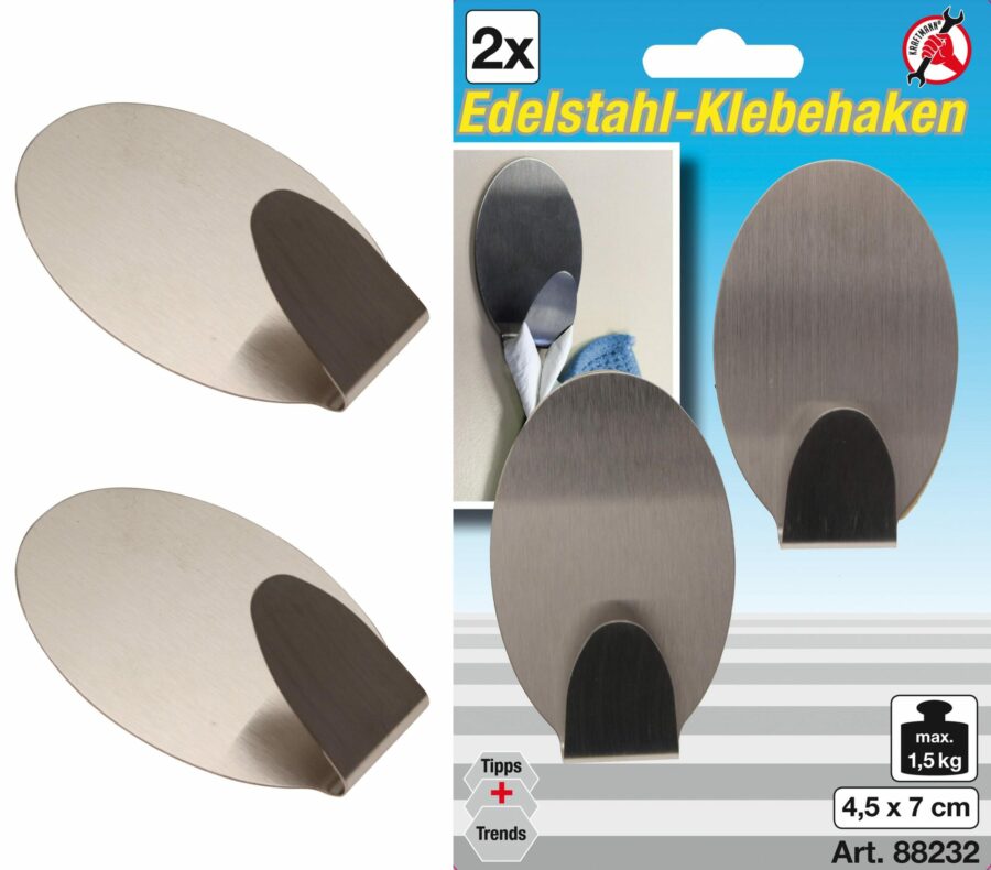 Stainless Steel Adhesive Hooks | 45 x 70 mm | 1.5 kg | 2 pcs. (88232) - 88232 salidzini kurpirkt cenas